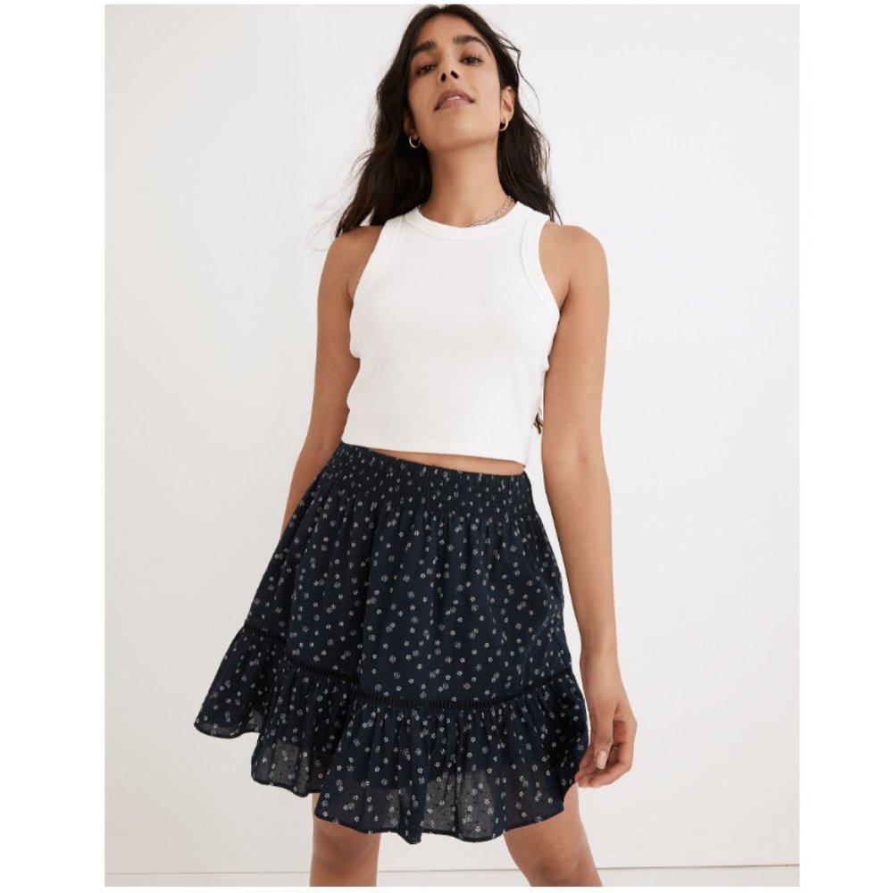 Madewell Navy Smock-Waist Ruffle Mini Skirt